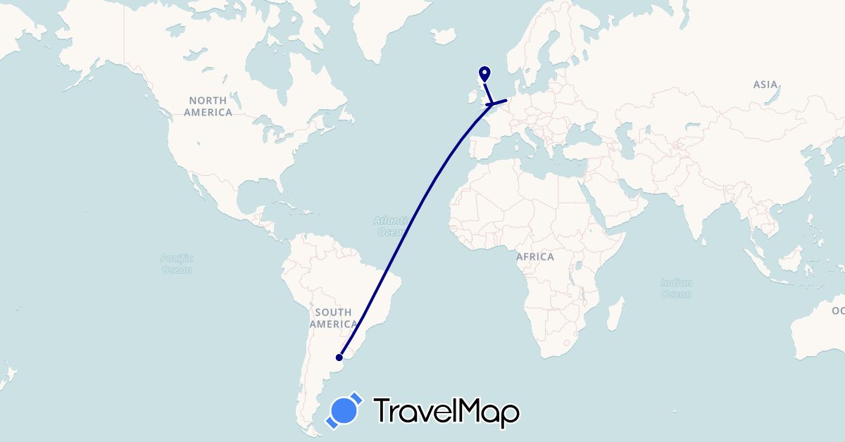 TravelMap itinerary: driving in Argentina, United Kingdom, Netherlands (Europe, South America)